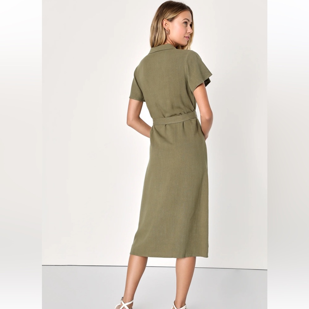 NWT Lulus Italian Summer Olive Green Linen Button-Up Short Sleeve Dress Size M - Picture 2 of 6
